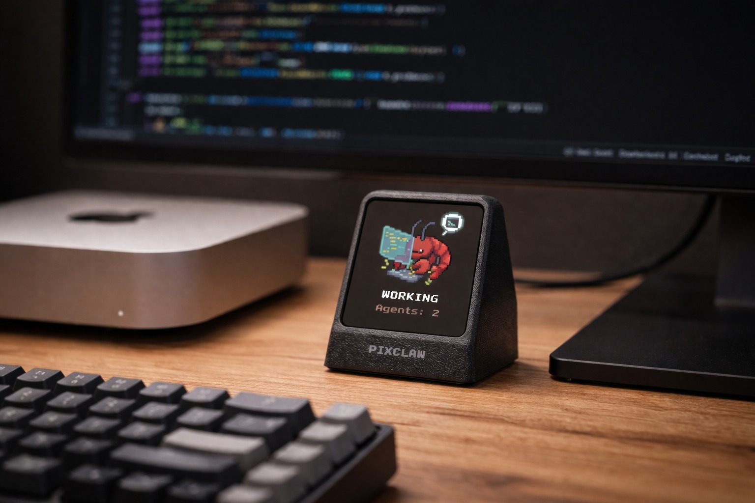 PixClaw desk companion showing animated pixel-art lobster in Working state